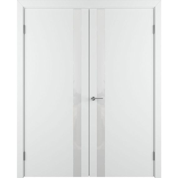 Фото двухстворчатой двери Флэт белая эмаль со стеклом