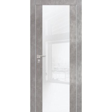 Межкомнатная дверь экошпон PX-7 серый бетон с алюминиевой кромкой с 4-х сторон стекло Lacobel белоснежный