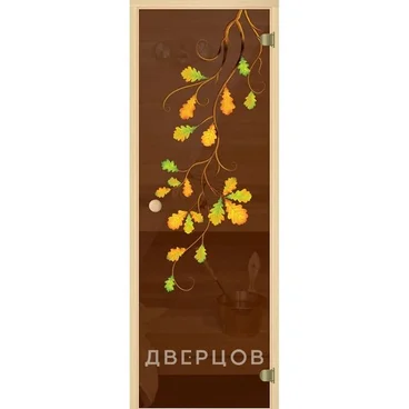 Дверь для сауны бронза прозрачная с рисунком Ветка дуба ручка кноб