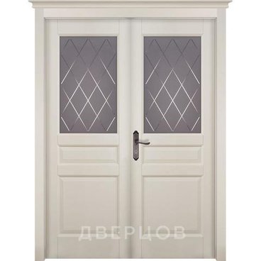Межкомнатная распашная двустворчатая дверь массив ольхи ОКА Валенсия эмаль слоновая кость остекленная