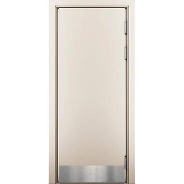 Маятниковая влагостойкая дверь крем матовый с отбойной пластиной