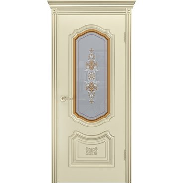 Межкомнатная дверь эмаль Соло R-0 В3 шампань патина белое золото со стеклом