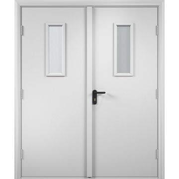 Дверь противопожарная деревянная двупольная ПВХ EI30 белая со стеклом
