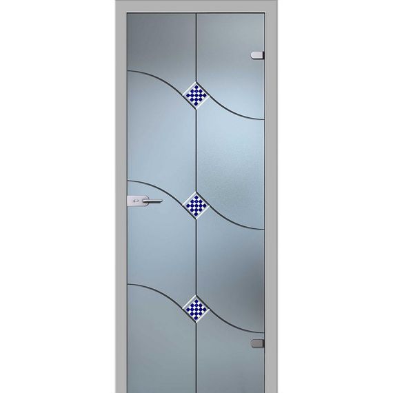 фотография стеклянной двери Патриция белое сатинато с наличниками из экошпона в цвете манхеттен