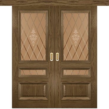 Межкомнатная двустворчатая дверь купе шпон Luxor Фараон 2 светлый морёный дуб со стеклом