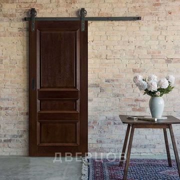 Межкомнатная амбарная раздвижная дверь Лофт массив дуба ОКА Афродита багет античный орех