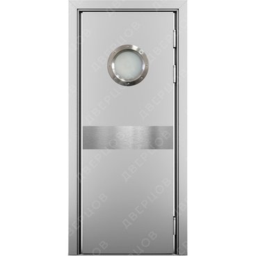 Маятниковая влагостойкая дверь Kapelli серый RAL 7035 с иллюминатором и отбойной пластиной посередине