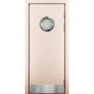 Маятниковая влагостойкая дверь Kapelli кремовый RAL 9001 с иллюминатором и отбойной пластиной