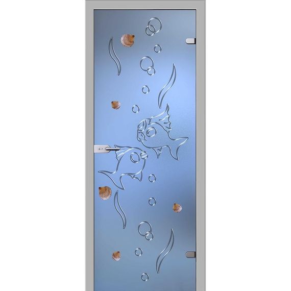 фотография стеклянной двери Елена белое сатинато с наличниками из экошпона в цвете манхеттен