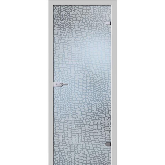 фотография стеклянной двери Аллигатор белое сатинато с наличниками из экошпона в цвете манхеттен