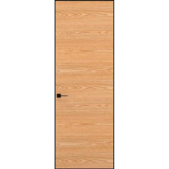 Фото скрытой двери в шпоне горизонтального дуба с черной алюминиевой кромкой