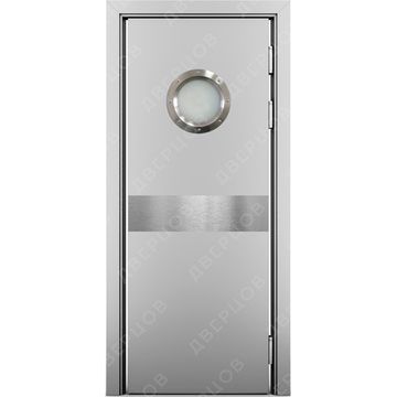 Маятниковая влагостойкая дверь Kapelli серый RAL 7035 с иллюминатором и отбойной пластиной посередине