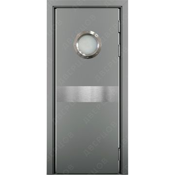 Маятниковая влагостойкая дверь Kapelli серый RAL 7040 с иллюминатором и отбойной пластиной посередине