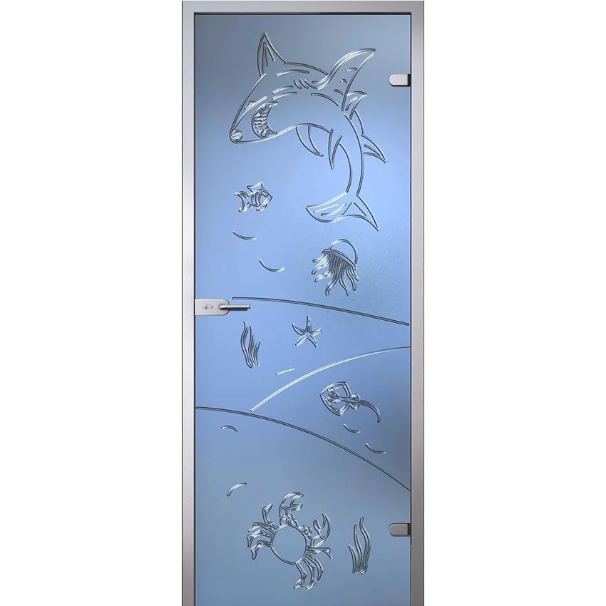 фотография стеклянной двери Море белое сатинато с алюминиевой коробкой тип Z