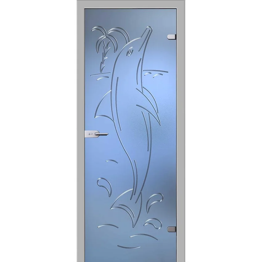 фотография стеклянной двери Акма Дельфин с наличниками из экошпона в цвете манхеттен