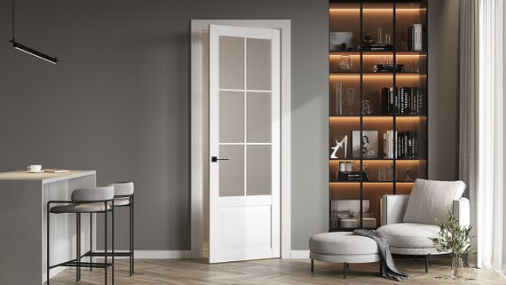 Межкомнатная дверь керамик NC 6 снежный остеклённая в интерьере 2