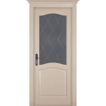 Межкомнатная дверь массив сосны ОКА Лео Браш эмаль крем стекло графит с фрезеровкой