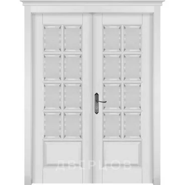 Межкомнатная дверь массив ольхи ОКА Лондон 1 белая эмаль распашная двустворчатая остеклённая