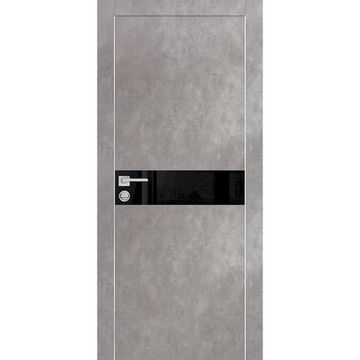 Межкомнатная дверь экошпон Profilo Porte PX-13 серый бетон с алюминиевой кромкой с 4-х сторон стекло Lacobel чёрный