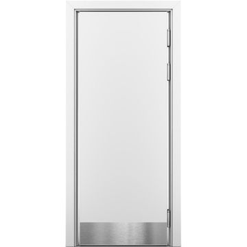 Маятниковая влагостойкая дверь белая с отбойной пластиной