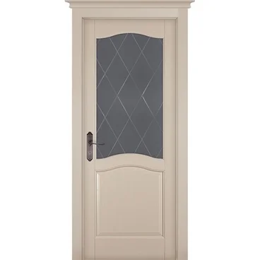 Межкомнатная дверь массив сосны ОКА Лео Браш эмаль крем стекло графит с фрезеровкой
