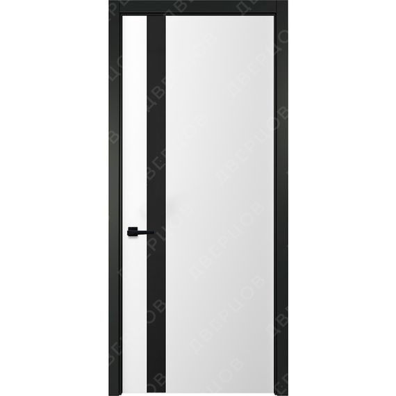 Фото белой двери Геометрия 5 с чёрным наличником и чёрным стеклом