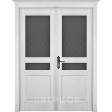 Межкомнатная распашная двустворчатая дверь массив ольхи ОКА Валенсия белая эмаль остекленная