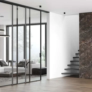 Алюминиевая стеклянная перегородка Каскад AG 1 серая ночь стекло прозрачное