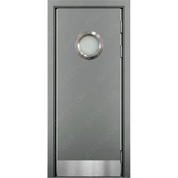 Маятниковая влагостойкая дверь Kapelli серый RAL 7040 с иллюминатором и отбойной пластиной