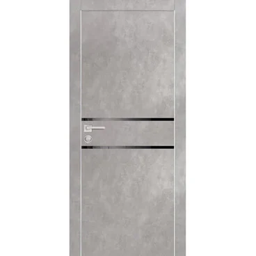 Межкомнатная дверь экошпон Profilo Porte PX-18 серый бетон с алюминиевой кромкой с 4-х сторон стекло Lacobel черный
