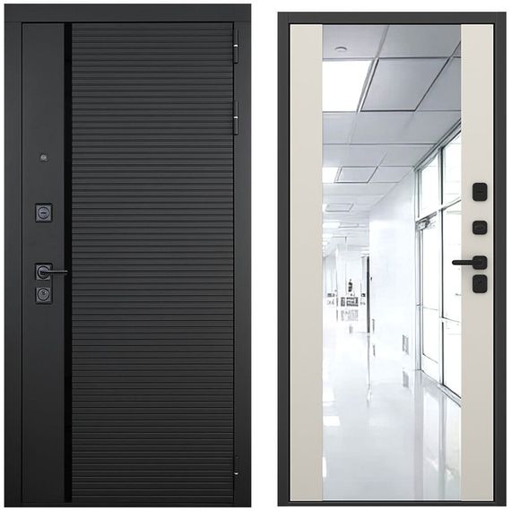 Входная дверь Пиано чёрный кварц панель зеркало Maxi силк грей