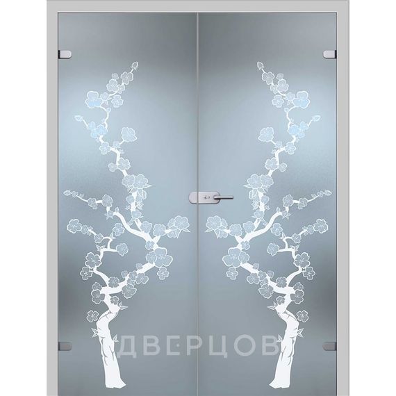 Фото стеклянной распашной двухстворчатой двери Сакура с коробкой и наличниками в цвете манхеттен