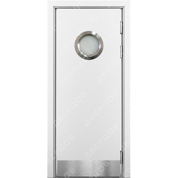Маятниковая влагостойкая дверь Kapelli белая с иллюминатором и отбойной пластиной