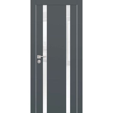 Межкомнатная дверь экошпон PX-9 графит с алюминиевой кромкой с 4-х сторон стекло Lacobel белоснежный