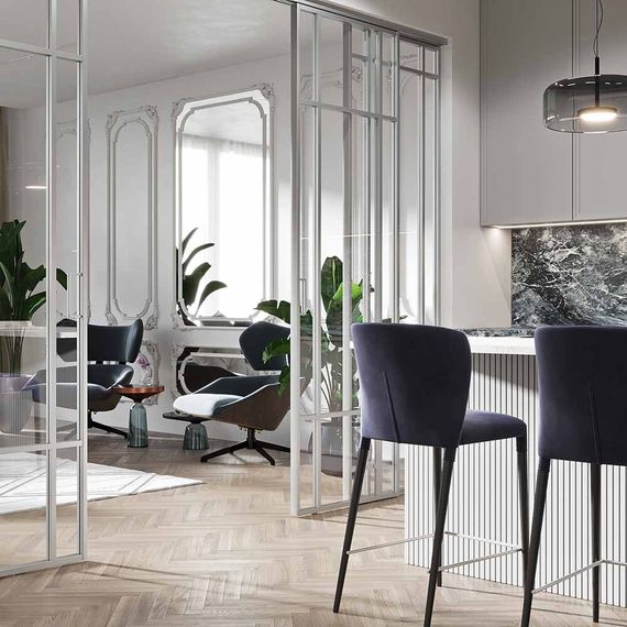 Алюминиевая стеклянная перегородка Классическая эксклюзив вайт стекло прозрачное