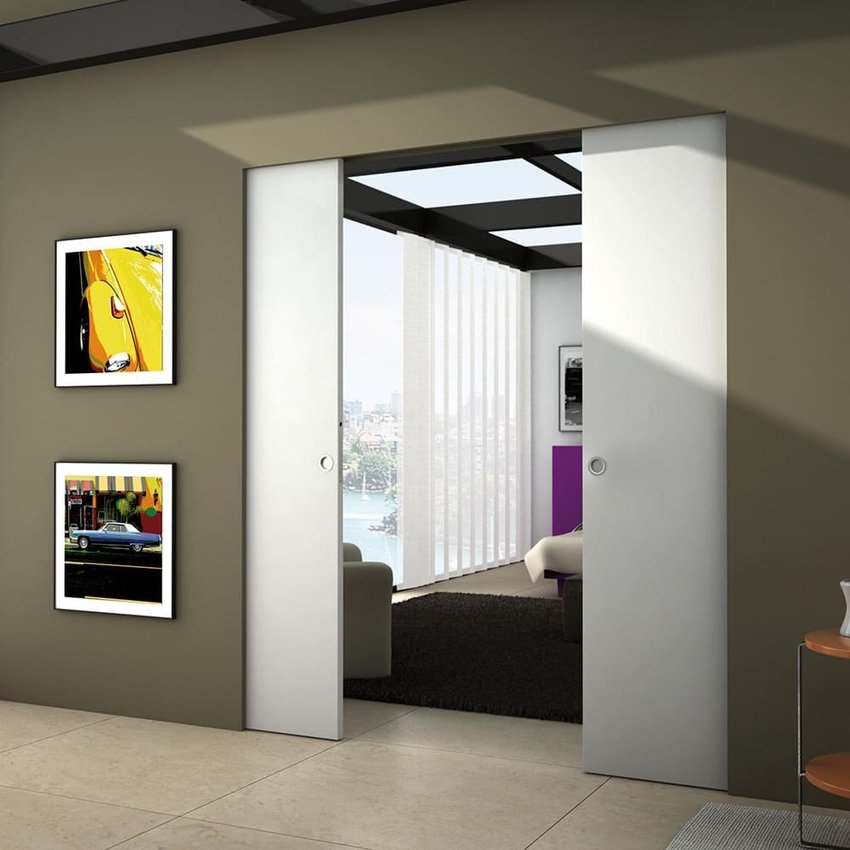 Пенал без обрамления для двустворчатой раздвижной двери Eclisse Syntensis Line Double в интерьере