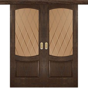 Межкомнатная двустворчатая дверь купе шпон Лаура 2 дуб морёный со стеклом