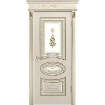 Межкомнатная дверь эмаль Лира В2 шампань патина белое золото со стеклом