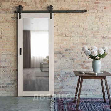 Амбарная дверь купе Лофт 501.2 белёный дуб с зеркалом