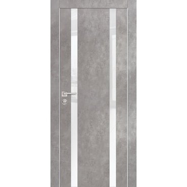 Межкомнатная дверь экошпон PX-9 серый бетон с алюминиевой кромкой с 4-х сторон стекло Lacobel белоснежный