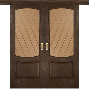 Межкомнатная двустворчатая дверь купе шпон Лаура 2 дуб морёный со стеклом