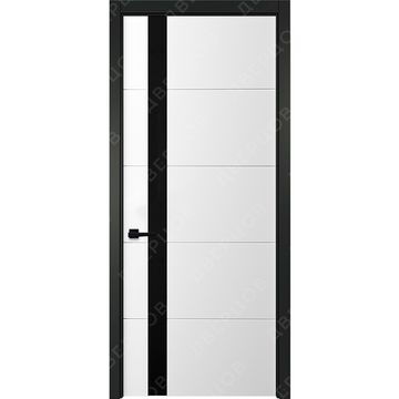 Межкомнатная белая дверь Геометрия 7 с чёрным наличником остеклённая