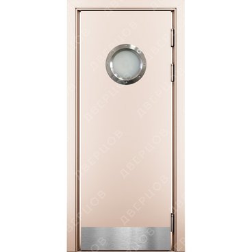 Маятниковая влагостойкая дверь Kapelli кремовый RAL 9001 с иллюминатором и отбойной пластиной