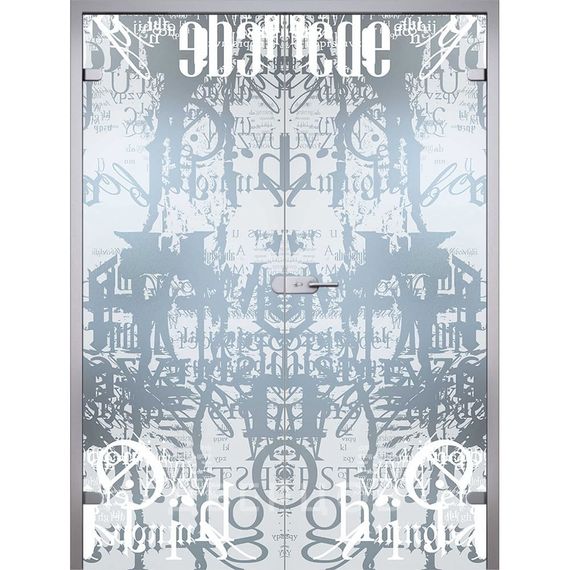 Фото стеклянной распашной двухстворчатой двери Графитти с коробкой и наличниками в цвете манхеттен