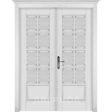 Межкомнатная дверь массив ольхи ОКА Лондон 1 белая эмаль распашная двустворчатая остеклённая