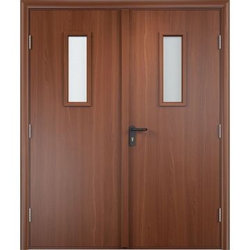 Дверь противопожарная деревянная двупольная ПВХ EI30 итальянский орех со стеклом