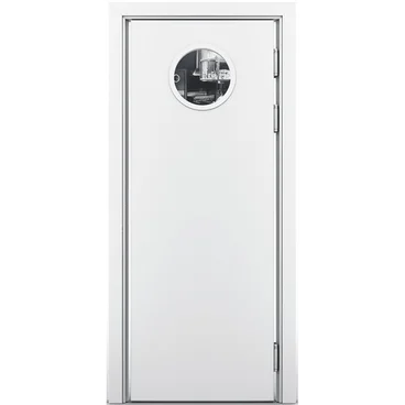 Маятниковая влагостойкая дверь белая с иллюминатором
