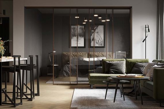 Алюминиевая стеклянная перегородка Каскад AG 1 деорэ стекло прозрачное