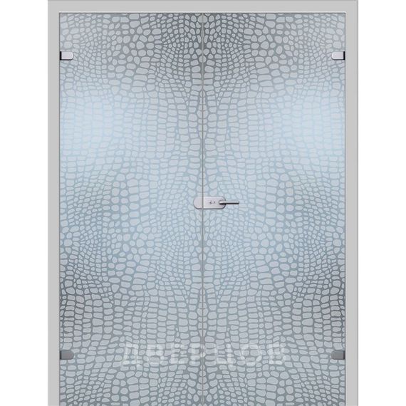 Фото стеклянной распашной двухстворчатой двери Аллигатор с коробкой и наличниками в цвете манхеттен