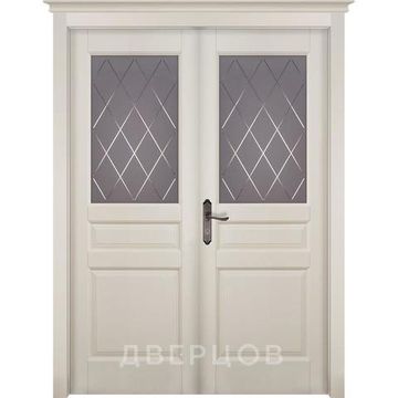 Межкомнатная распашная двустворчатая дверь массив ольхи ОКА Валенсия эмаль слоновая кость остекленная